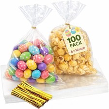 Cellophane Bags, 100 Pack 6 x 10 Inch Clear Treat Bags with Gold Twist Ties