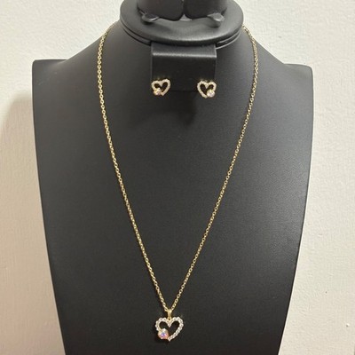 Xuping Jewelry Gold Pleated Heart Necklace & Earring Set Gold Tone white zirconi
