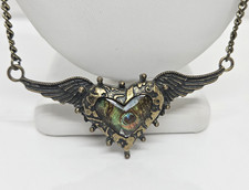 Winged Heart Necklace Brass Bronze Tone Lucite 20"