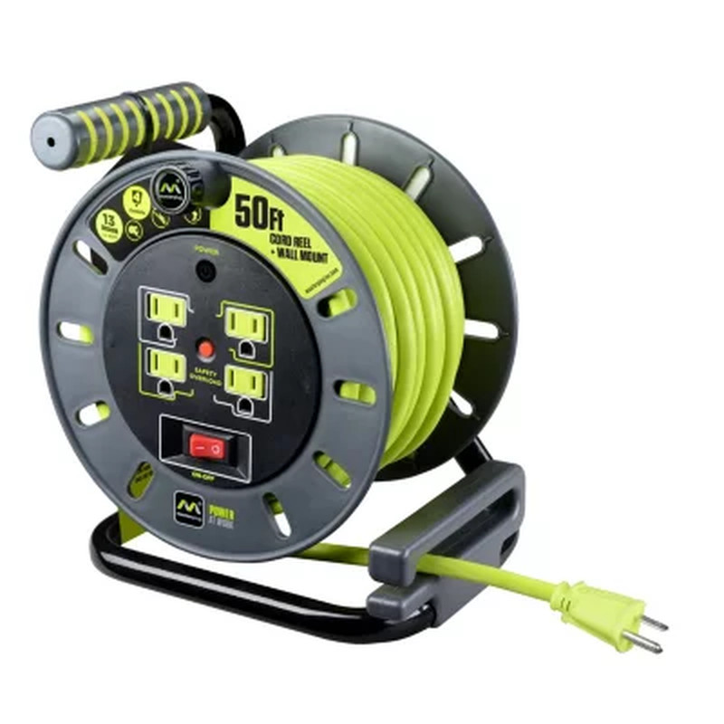 Masterplug 50ft Extension Cord Reel with 4 Sockets & Wall Mount - 13A Power