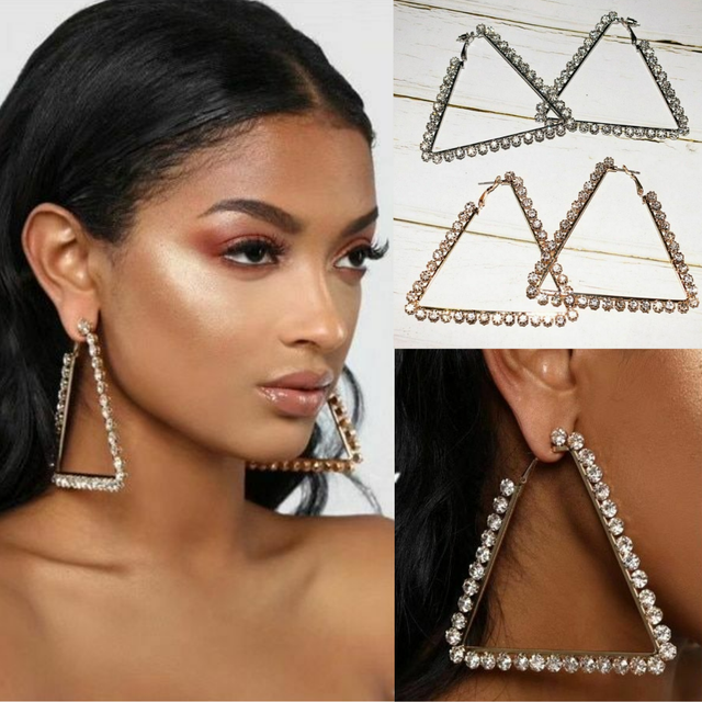 3.5" Large Triangle Crystal Rhinestone Hoop Earrings Silver or Gold