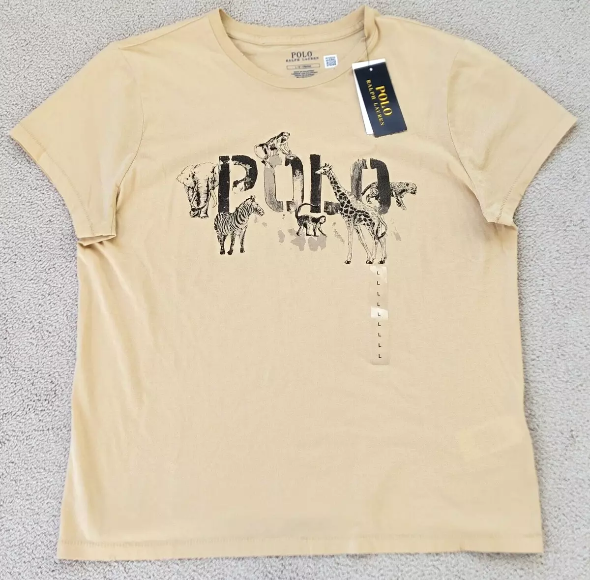 Polo Ralph Lauren Women Safari Animal Logo SS Tee Tan T Shirt Large New