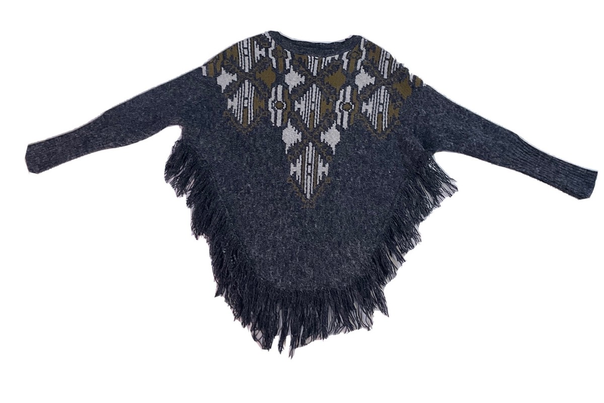 Love Marks Tribal Boho Grey Fringe Dolman Sleeve Poncho Sweater Women’s Sz M