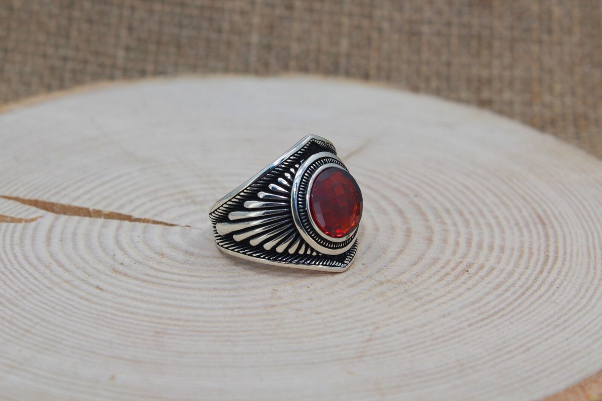 Faceted Red Zircon Stone 925 Sterling Silver Men's Ring | eBay