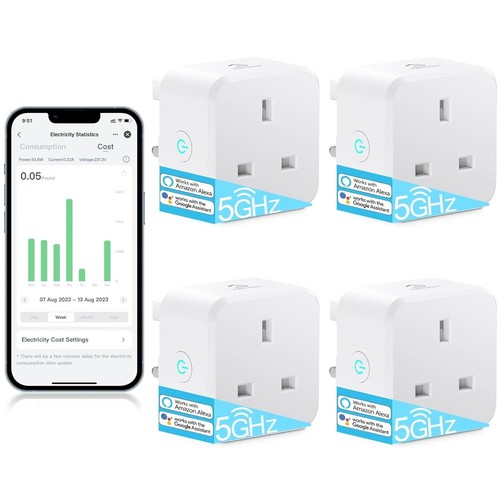 4x Smart WiFi Plug Alexa Google Home Timer Energy Monitor 13A No Hub 2.4/5GHz