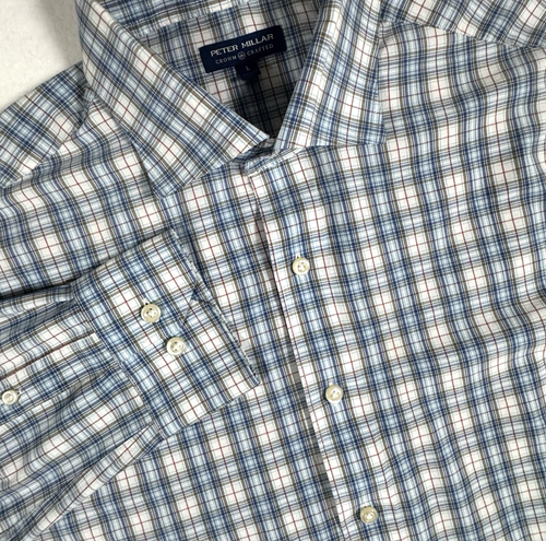 Peter Millar Crown Crafted Performance Button Up Shirt Men's L Blue Plaid Golf