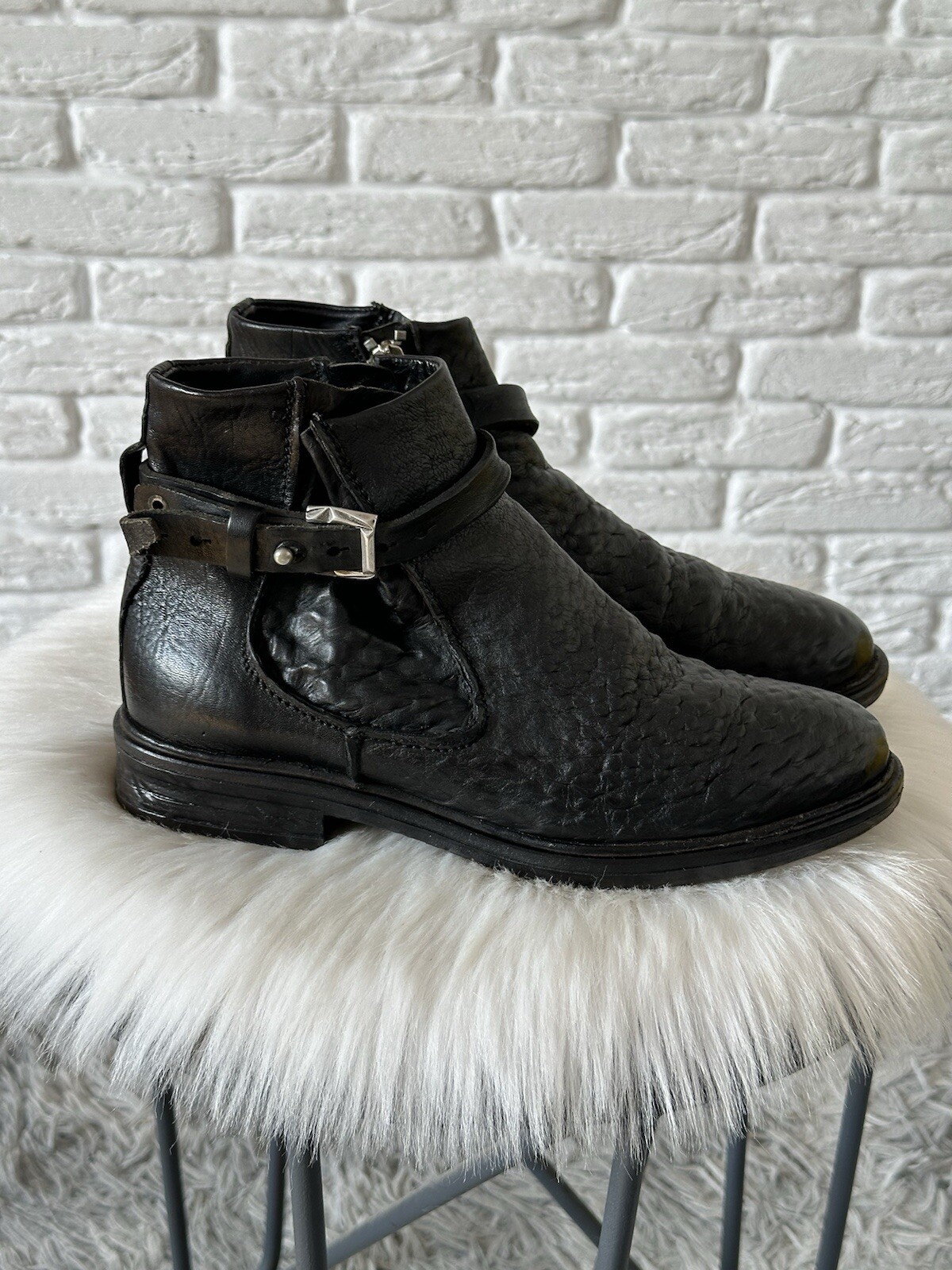 A.S. 98 Italian Zipper strap Black Biker Boots Eu 39 US 8.5-9 Textured Buckle