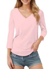 Women's V Neck 3/4 Sleeve T-Shirt Casual Solid Basic Tops Blouse NEW