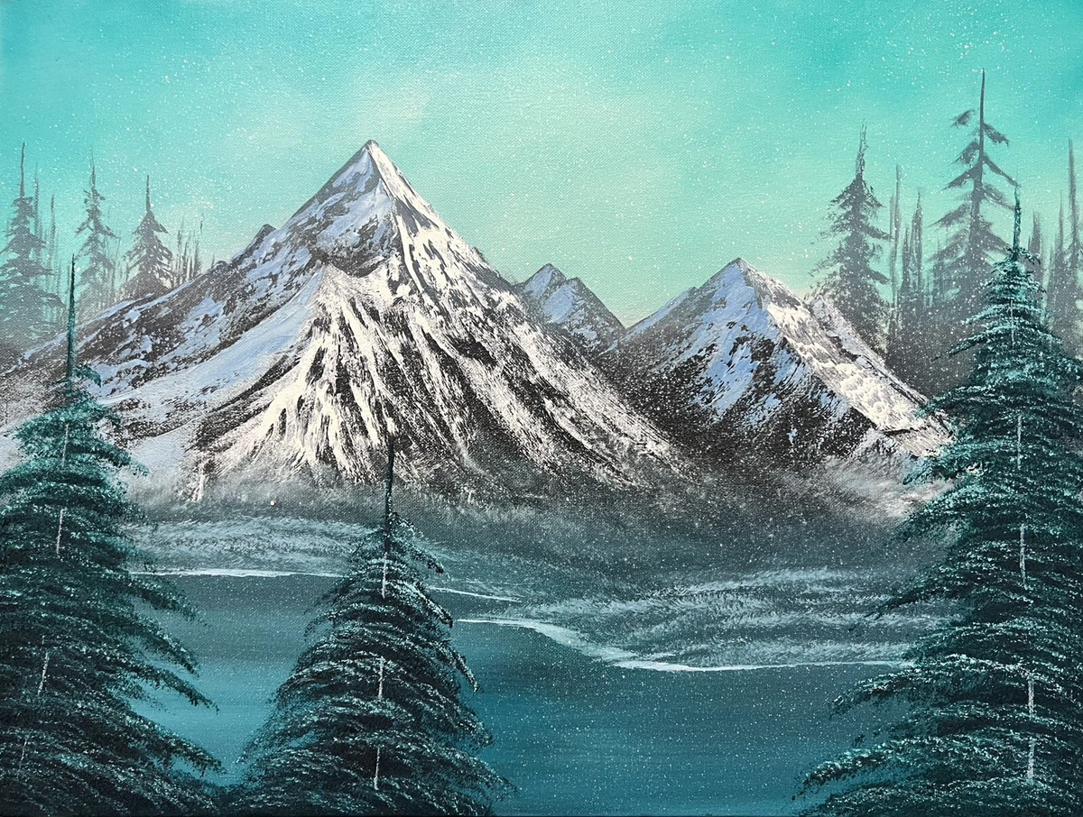 Bob Ross Style Original Mountain Oil Painting “Winter Evergreen” 18x24 In