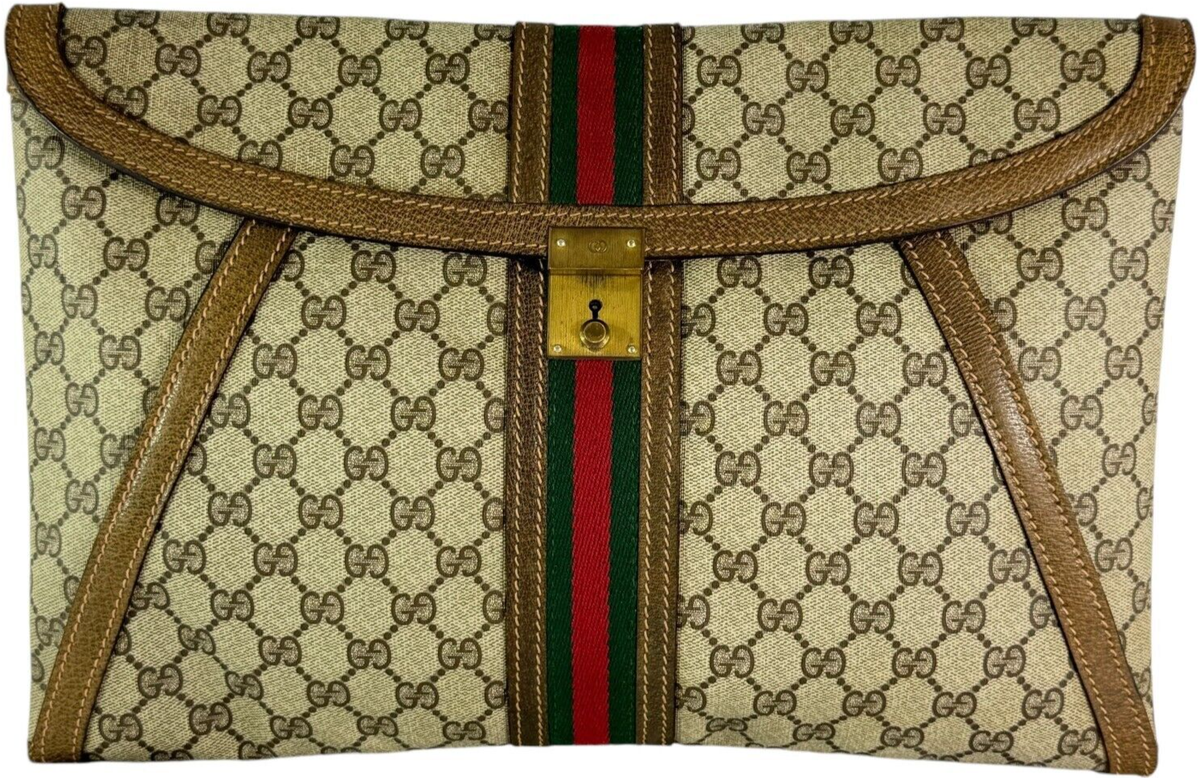 80s GUCCI Brown Supreme Canvas Monogram Web Document Portfolio Bag