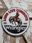 VINTAGE WRANGLER PORCELAIN SIGN OLD WESTERN COWBOY RODEO HORSE DENIM JEANS 12"