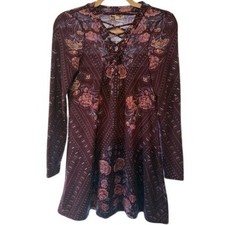 About A Girl Women's Small Purple Floral Lace Up V Neck Tunic Boho Long Sleeve