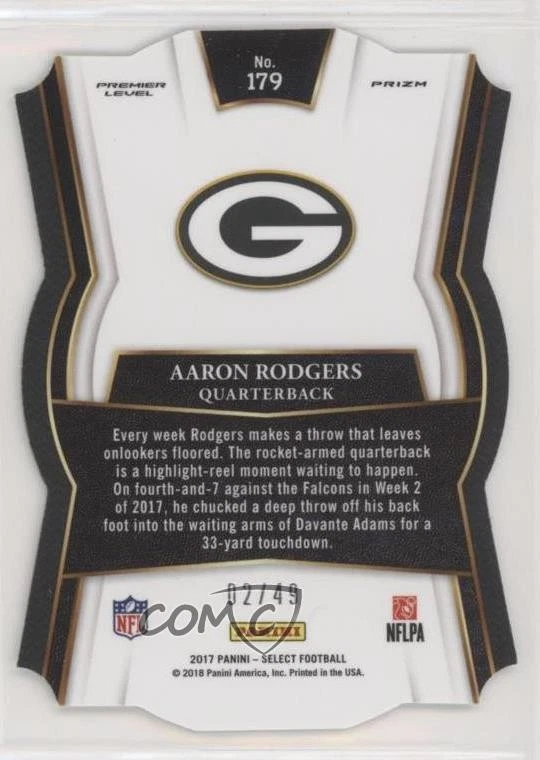 2017 Panini Select Premier Level Die-Cut Neon Green Prizm /49 Aaron Rodgers #179 - Image 2 of 2