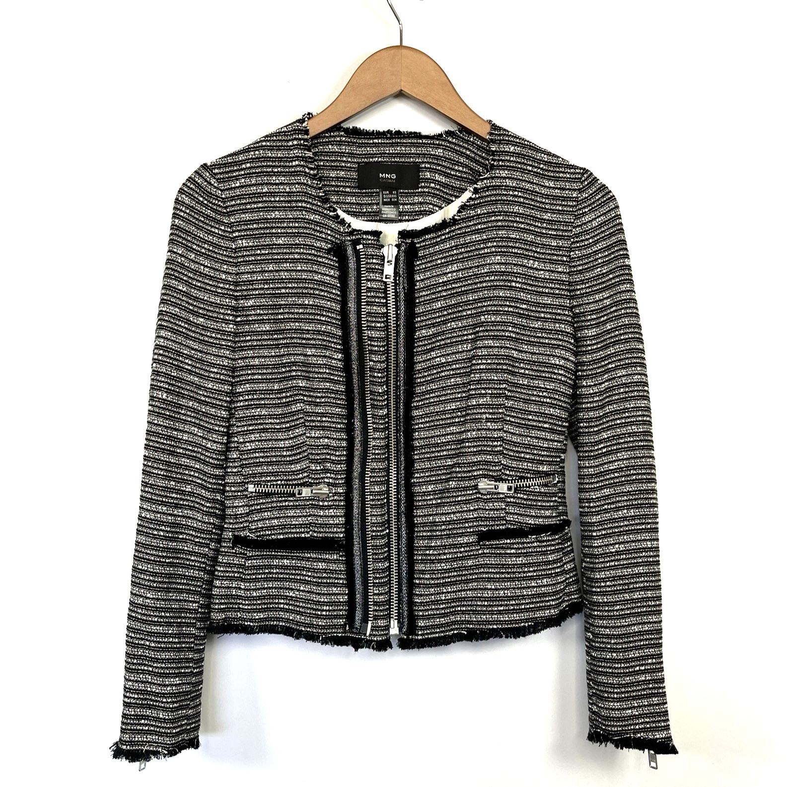 Mango Womens Boucle Blazer Jacket Size XS B/W Zip Tweed Texture Office Career