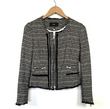 Mango Womens Boucle Blazer Jacket Size XS B/W Zip Tweed Texture Office Career