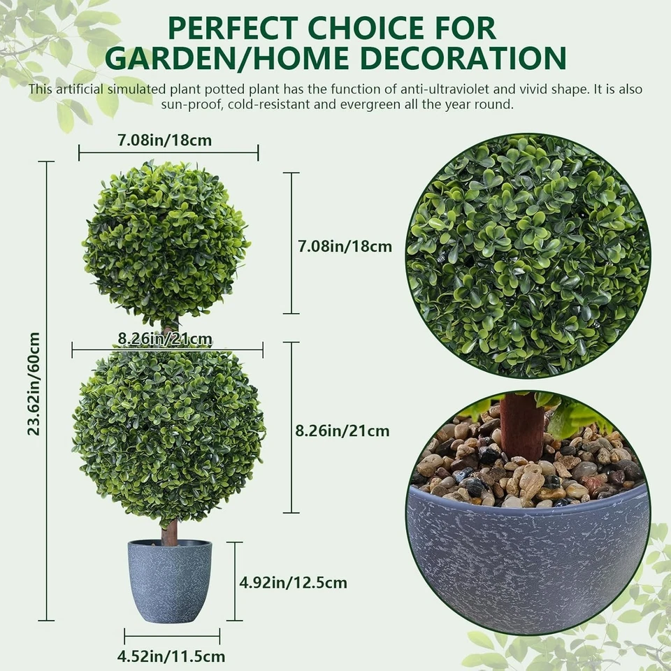 Elegante topiario de bolas de boj artificial de 23,6 pulgadas - Paquete de 2 para cualquier ajuste Foto 4 de 4