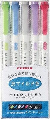 ZEBRA MILD LINER, Double Sided Highlighter Noble Color, 5 Set (WKT7-5C-NC)