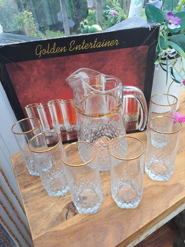 Vintage Boxed 7 Piece Pitcher + 6 Glasses By Golden Entertainer Original Box