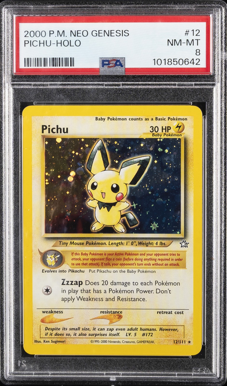 2000 POKEMON NEO GENESIS #12 PICHU-HOLO PSA 8