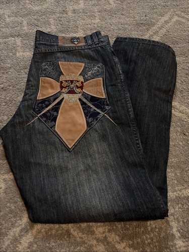 Pelle Pelle Blue Jeans Distressed Leather Metal Accent Y2K Marc Buchanan Hip Hop
