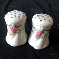 Antique Pink Rose Design Salt and Pepper Shakers Gold Trim