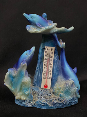 Figurine Statue 3 Dolphins Jumping Out Water Marine Coral Sea Mercury Thermomete