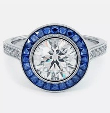 2.05CT Round Cut Art Deco CZ  Blue Sapphire Bezel Engagement Ring in 925 Silver