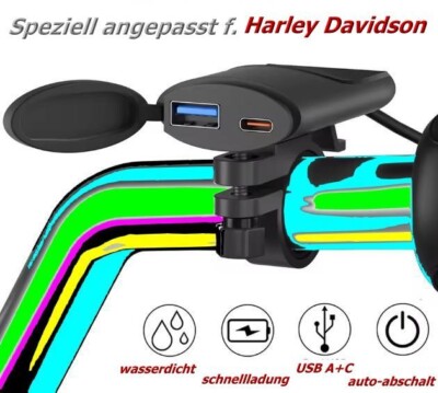 USB Charging Socket Harley, Chopper, SAE to USB No Screws/Drilling 12V 2.4A 30W