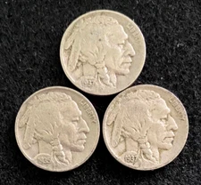 Buffalo Nickels 1913 to 1938 Circulated Fine Full Date - Set Of 3 Random Dates