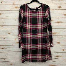 Loft Black Purple Plaid Tie Back Bell Long Sleeve Career Fit Flare Dress 2 NWT