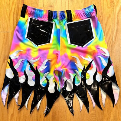 Men's Pro Wrestling Shorts Multicolor w/ Silver-Black Flame Design Sz 42 44