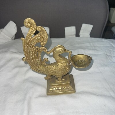 VTG Brass Peacock Diya Oil Lamp India Spiritual Incense Burner Fine Detail 4 