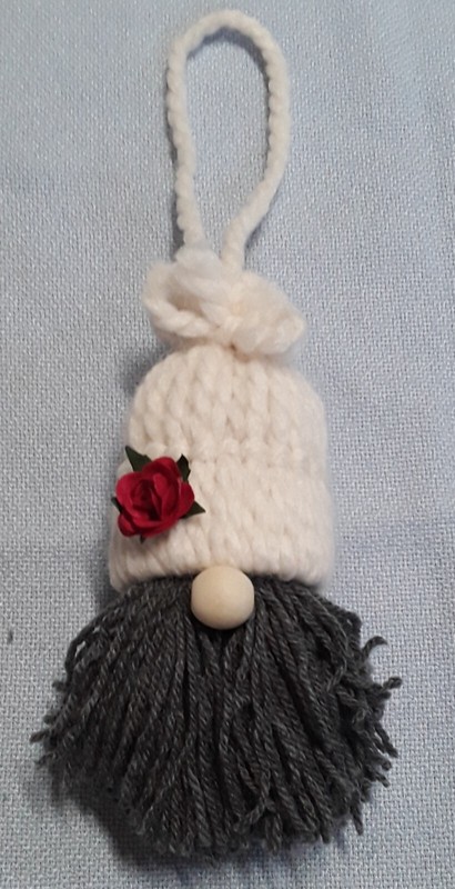 New Handmade Yarn Gnome Ornament Cream Hat / Red Rose