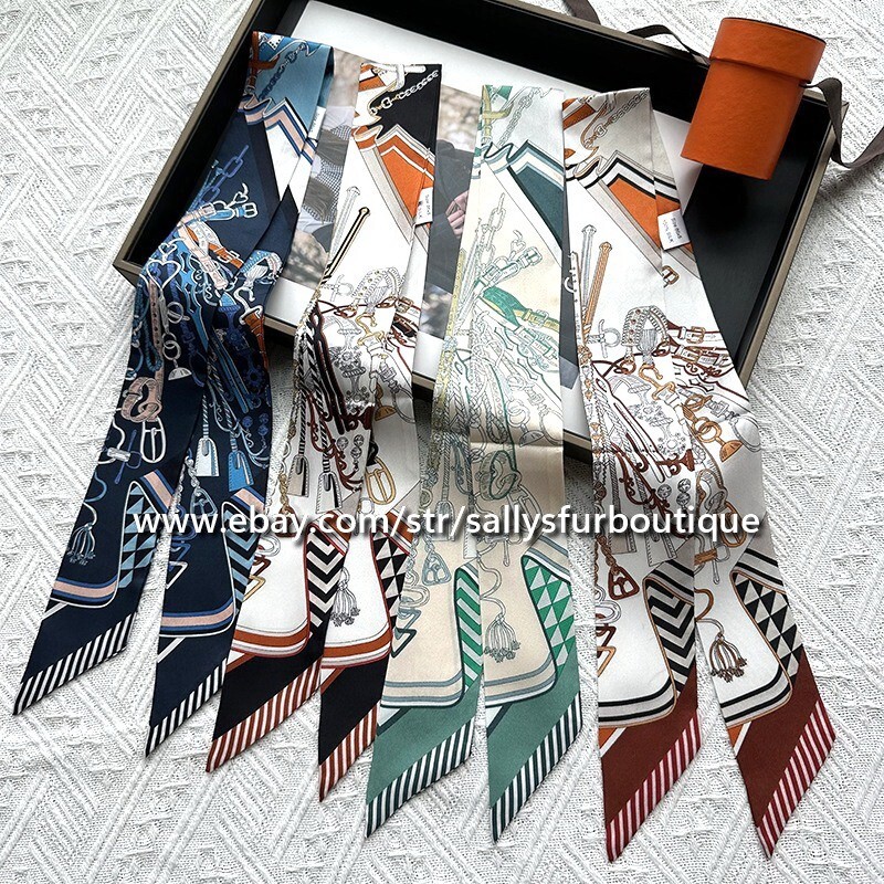 Sallys 100% Silk Scarf Ribbon Saddles Print Slim Bag Head Band Neck Tie 85x5cm