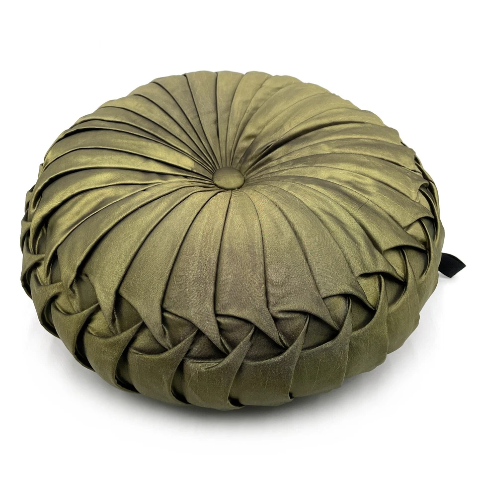 Almohada Plisada Pintuck Satén Tafetán Redonda Verde Aguacate Oscuro 13" Borgata Foto 2 de 4
