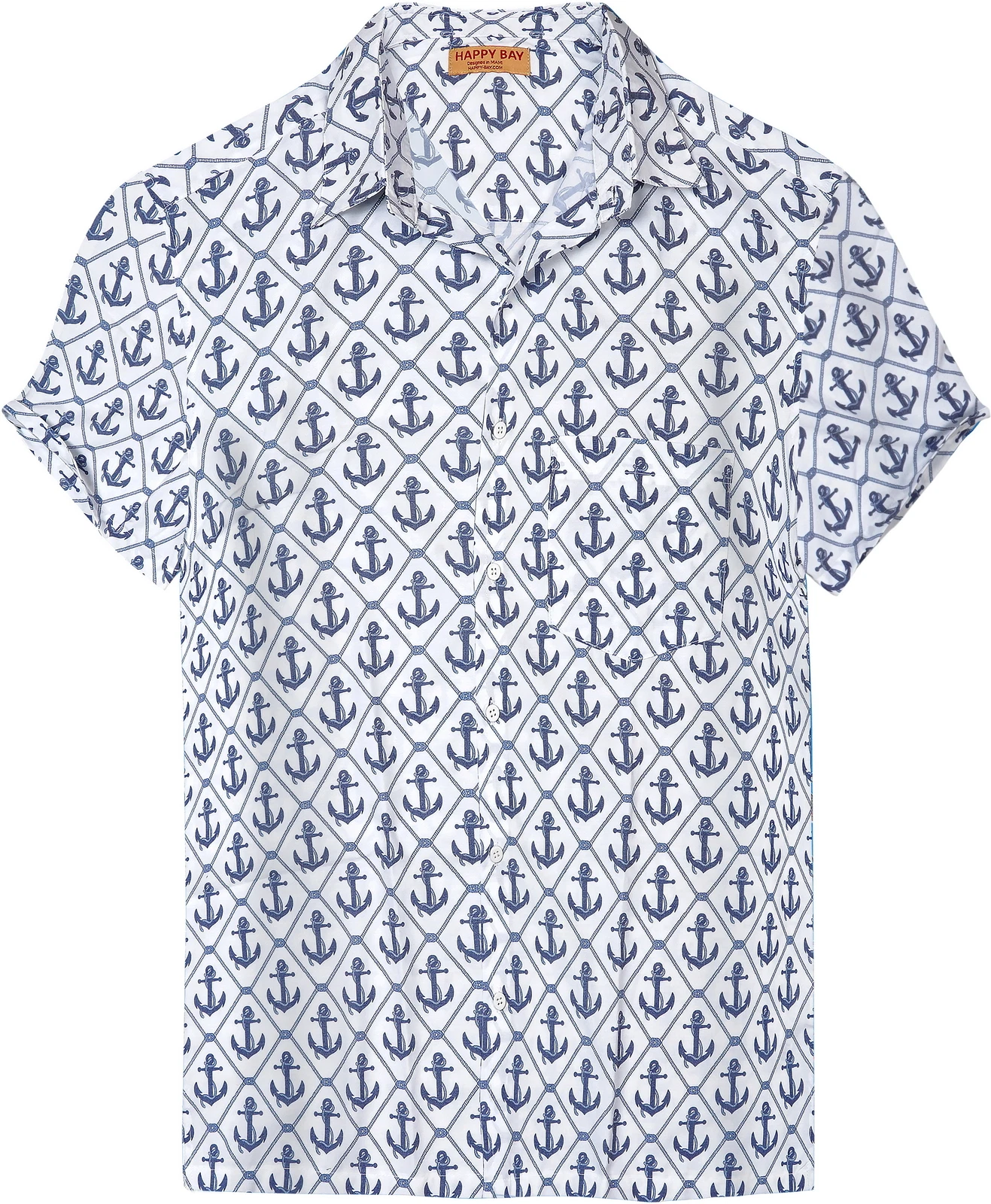 HAPPY BAY Men's Party Shortsleeve Button Down Hawaiian Shirt L Anchor, White