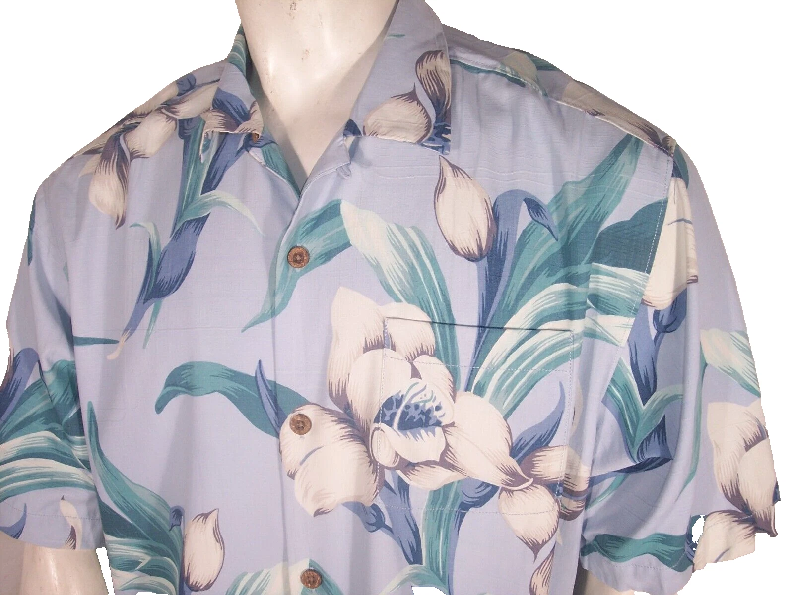 Tommy Bahama Large White Floral on Blue Silk Hawaiian Shirt