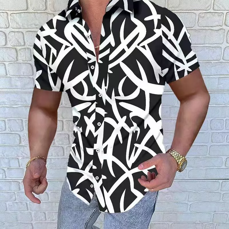 Camisa Con Botones Para Hombre Camiseta Casual Manga Corta Blanco Negro | eBay