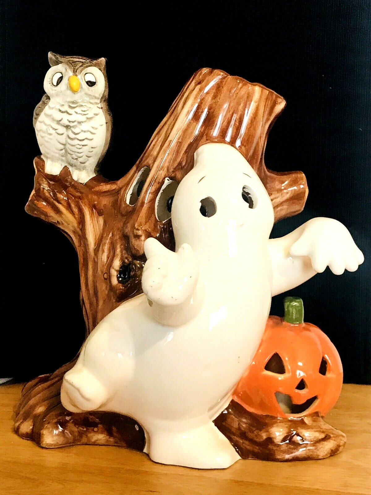 Vintage Ceramic Halloween Figurine; Ghost Tree Owl Pumpkin 10" Adorable