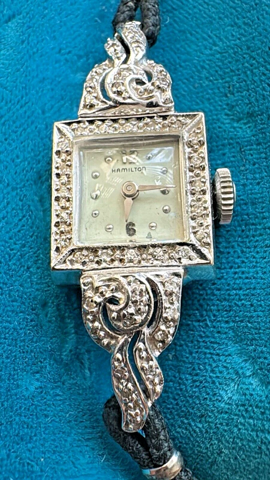 HAMILTON 14K золото винтажные часы с бриллиантами черный шнур браслет + коробка, работает! - Изображение 2 из 4