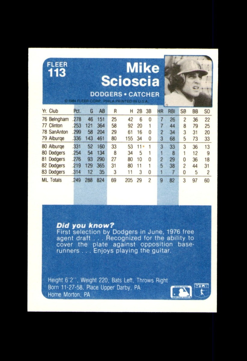 1984 FLEER BASEBALL CARD LOS ANGELES DODGERS #113 MIKE SCIOSCIA | eBay