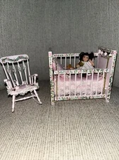 Miniature Dollhouse Baby In Crib + Rocking Chair by Artisan Becky Delk Signed