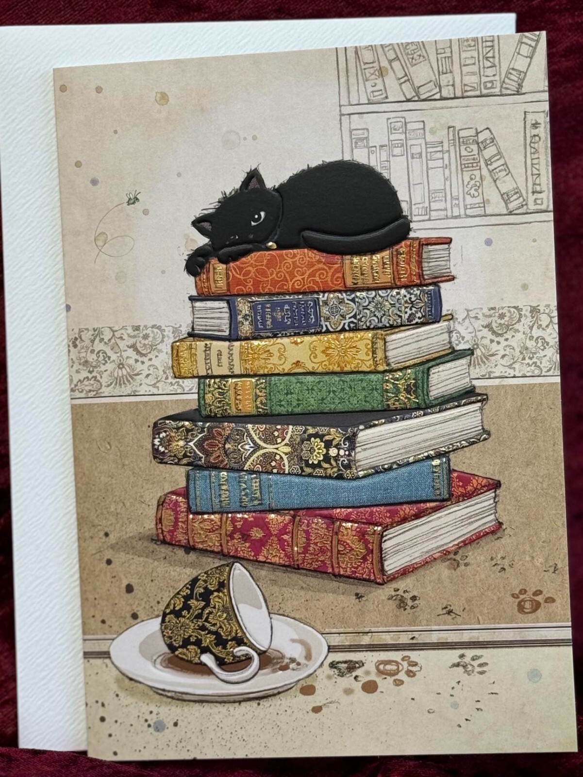 Kitty Black Cat Books Gold Foil Embossed Blank Card Bug Art Birthday Celebrate