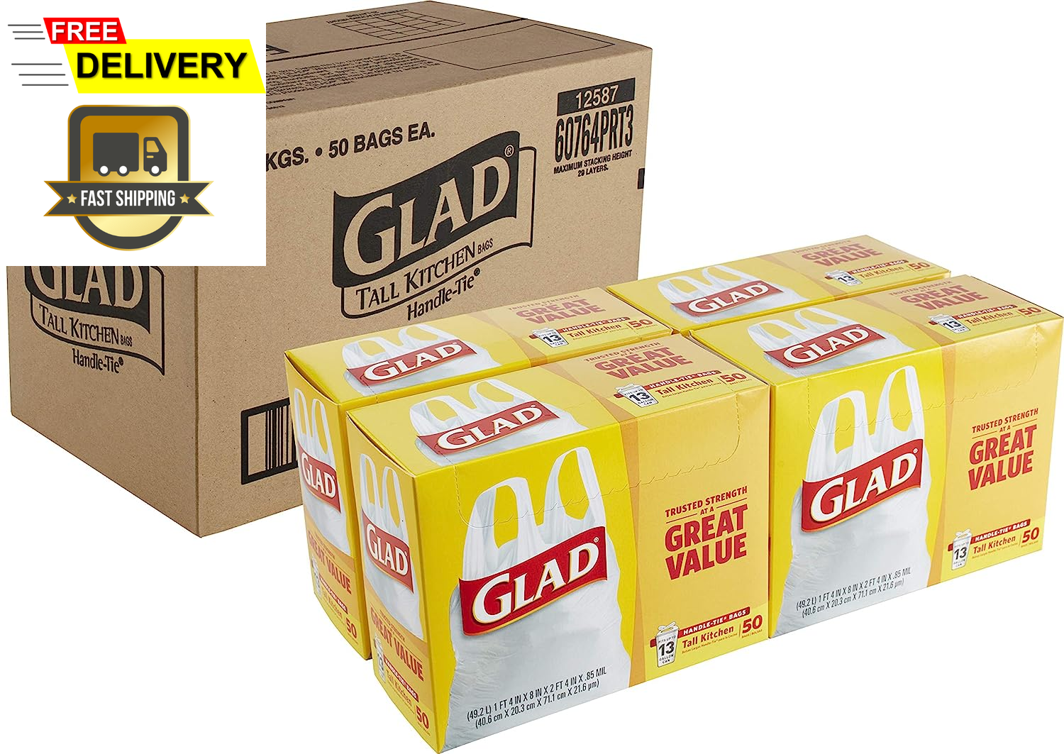 Glad Tall Kitchen HandleTie® Trash Bags13 Gallon White Trash Bag, 50