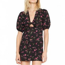 Pam & Gela Womens Black Floral Puff Sleeve Cutout V-Neck Cotton Mini Dress Small