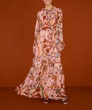Farm Rio Folk Party Pink Printed Maxi Dress Multicolor Long Sleeve Size Small