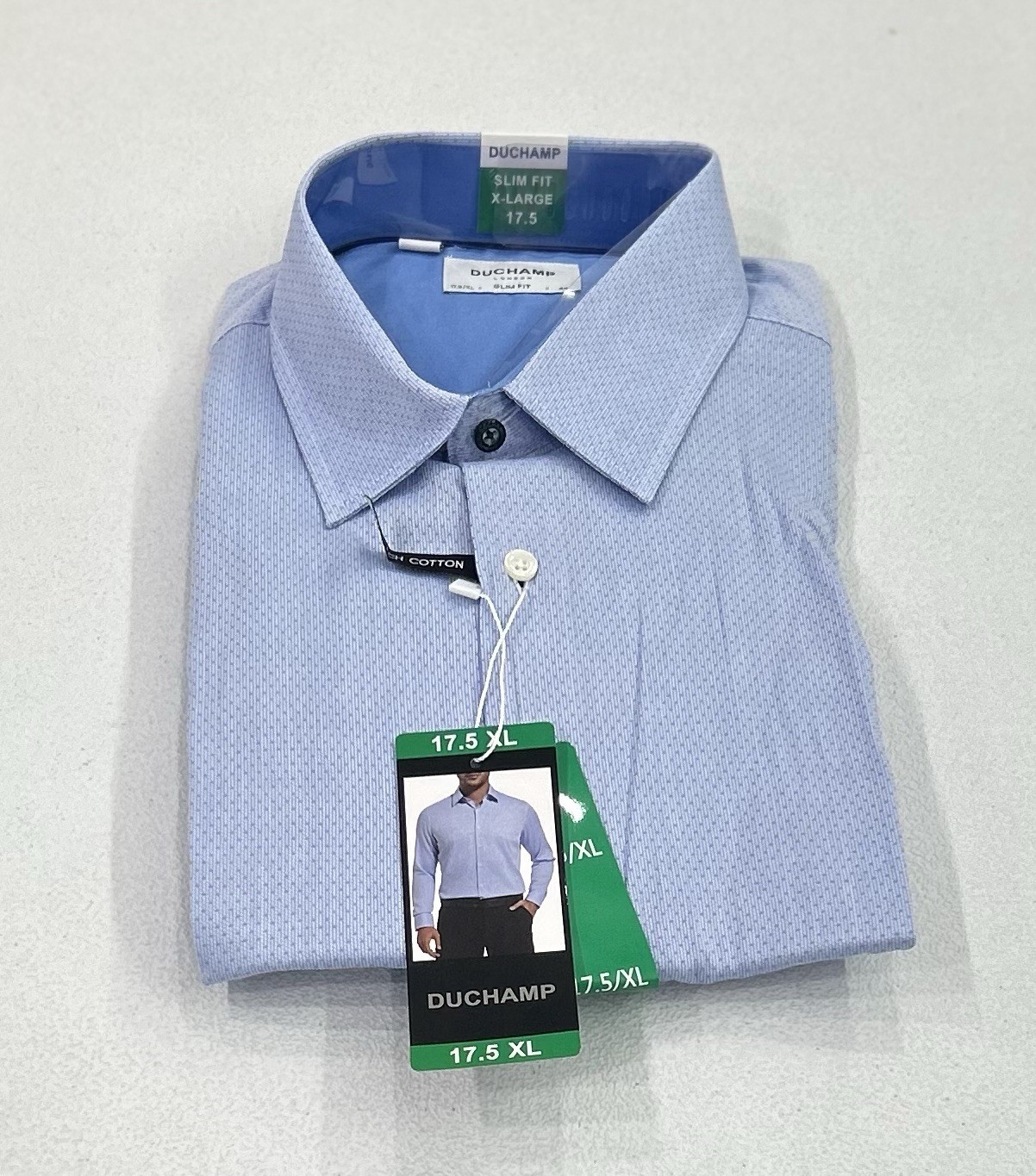 Duchamp London Men's Slim Fit Cotton Stretch Shirt, Blue, Size 17.5 XL