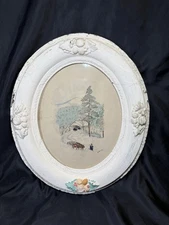OOAK Signed Antique Watercolor Sketch ATQ Frame Winter Snow Scene