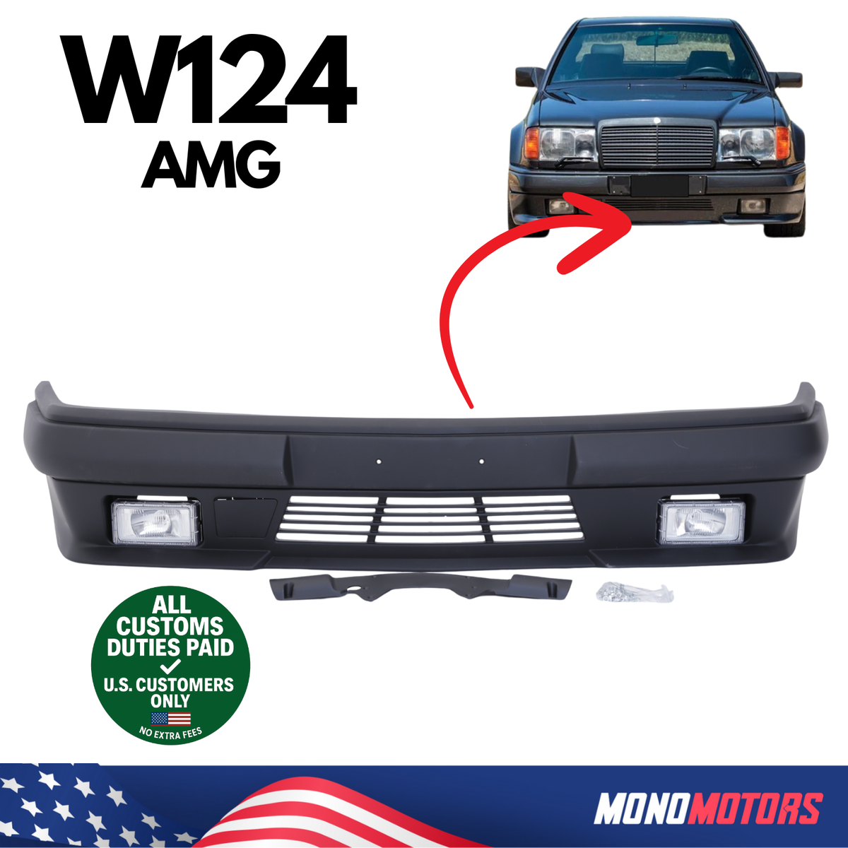 FRONT BUMPER FOR MERCEDES AMG W124 GEN1 1985-1996 WITH FOG LIGHTS 