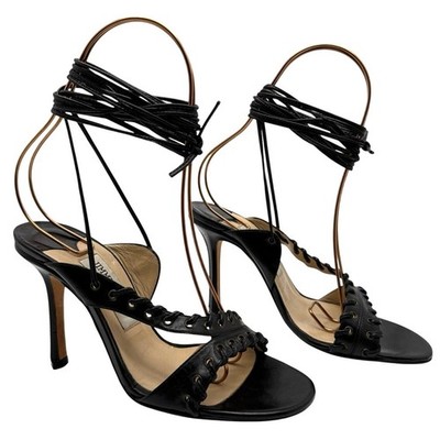 JIMMY CHOO Y2K ブラック ミュール 36 Jimmy Choo Vintage Black Leather Strappy Lace Up Sandals Heels EU